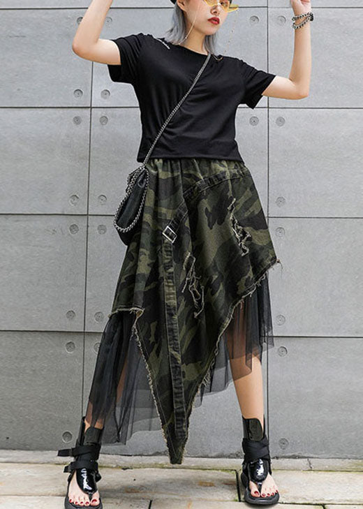 Italian Camouflage High Waist Denim Patchwork Tulle Asymmetrical Design Fall Skirts