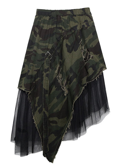 Italian Camouflage High Waist Denim Patchwork Tulle Asymmetrical Design Fall Skirts