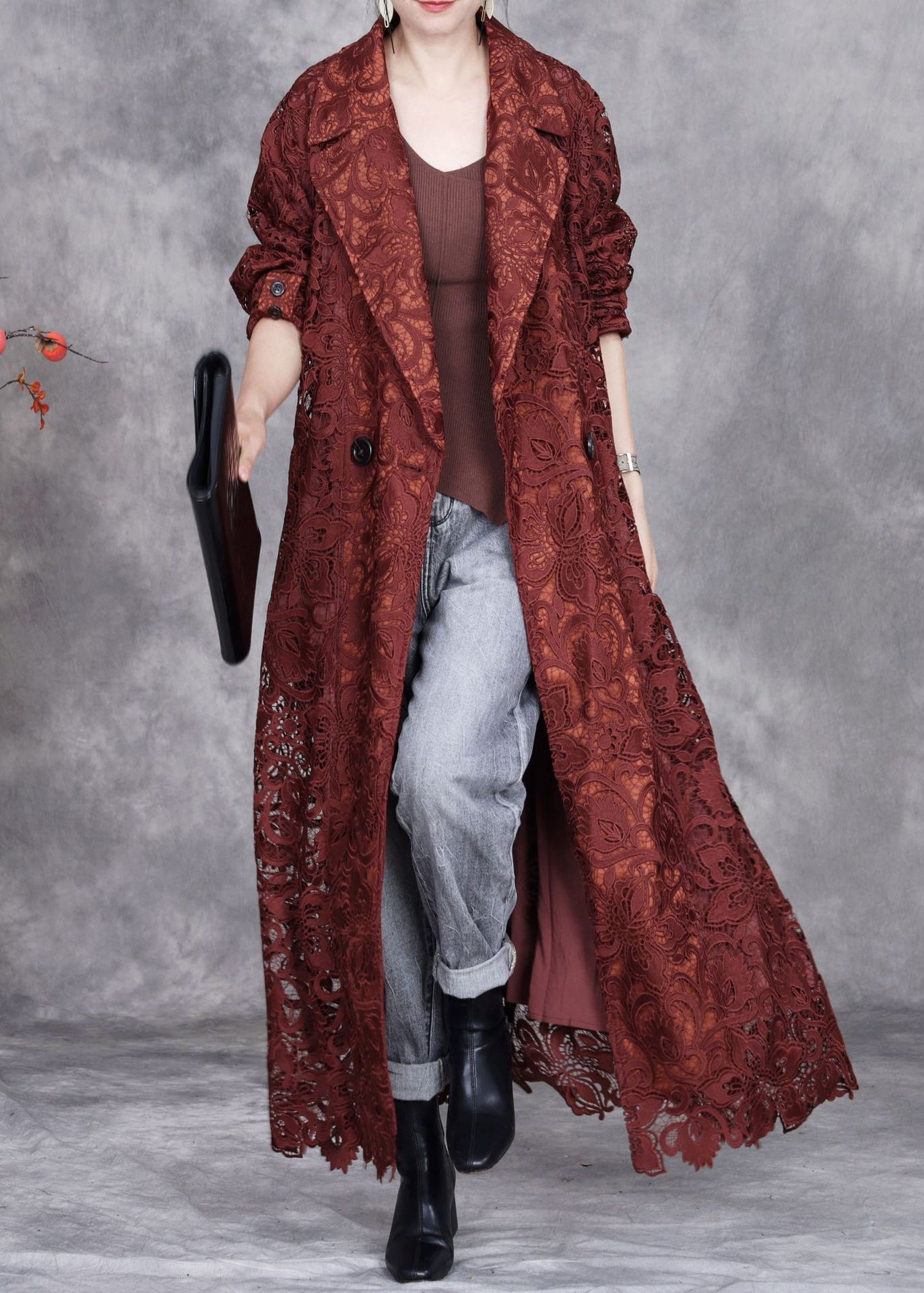 Italian Caramel Hollow Out Tie Waist Lace Long Trench Coat Spring