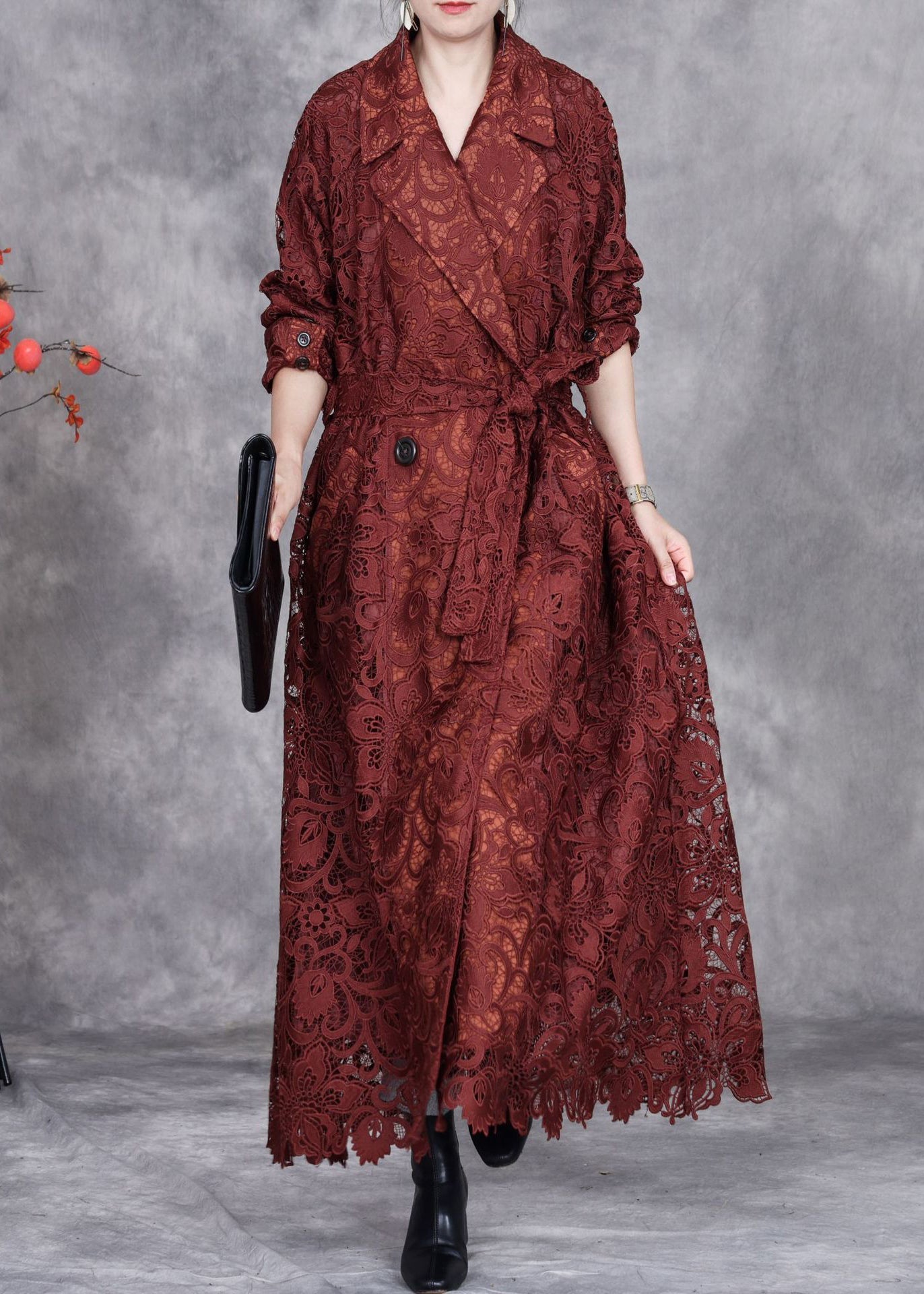 Italian Caramel Hollow Out Tie Waist Lace Long Trench Coat Spring
