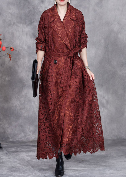 Italian Caramel Hollow Out Tie Waist Lace Long Trench Coat Spring