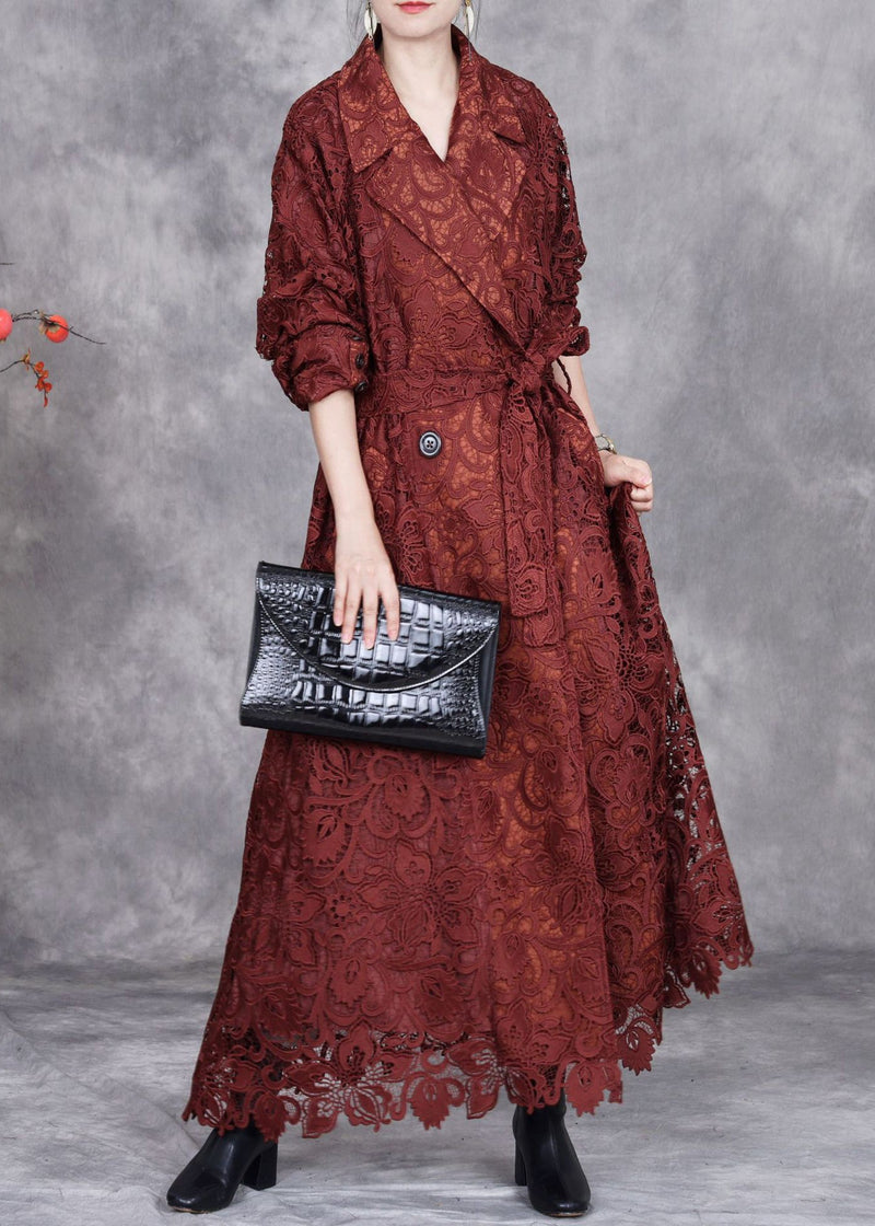 Italian Caramel Hollow Out Tie Waist Lace Long Trench Coat Spring