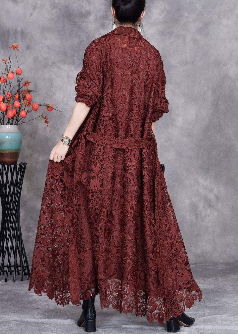 Italian Caramel Hollow Out Tie Waist Lace Long Trench Coat Spring