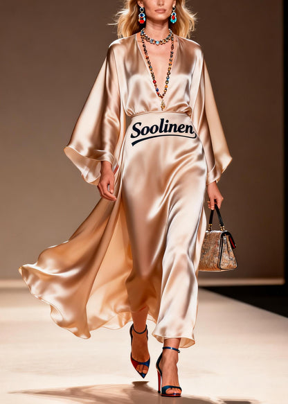 Italian Champagne Exra Large Hem Draping Silk Dress Summer