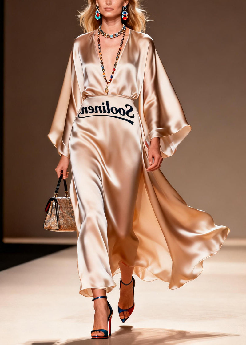 Italian Champagne Exra Large Hem Draping Silk Dress Summer