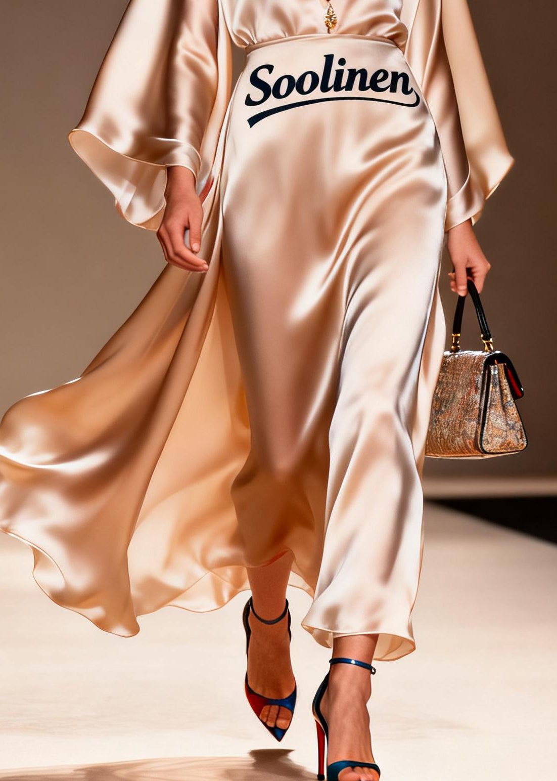 Italian Champagne Exra Large Hem Draping Silk Dress Summer
