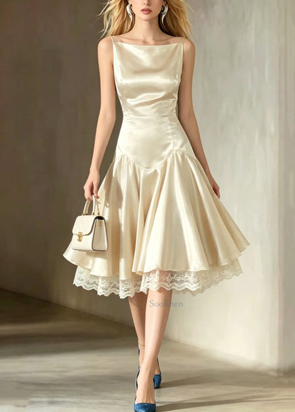Italian Champagne Lace Patchwork Silk Spaghetti Strap Dress Summer