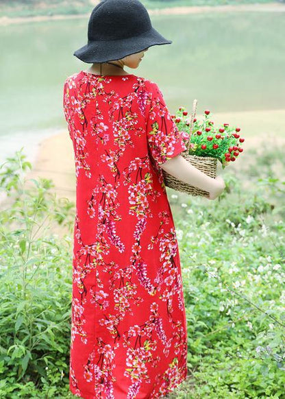Italian Chinese Button Cotton Tunics Omychic Pattern Red Shift Dresses Summer