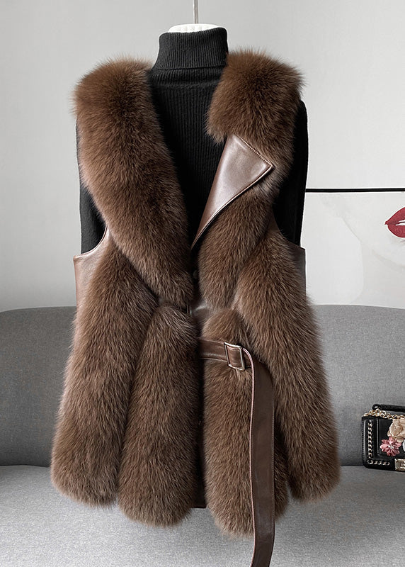 Italian Cocoa Fox Collar Faux Leather and Fur Waistcoat Winter