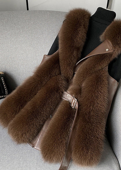 Italian Cocoa Fox Collar Faux Leather and Fur Waistcoat Winter