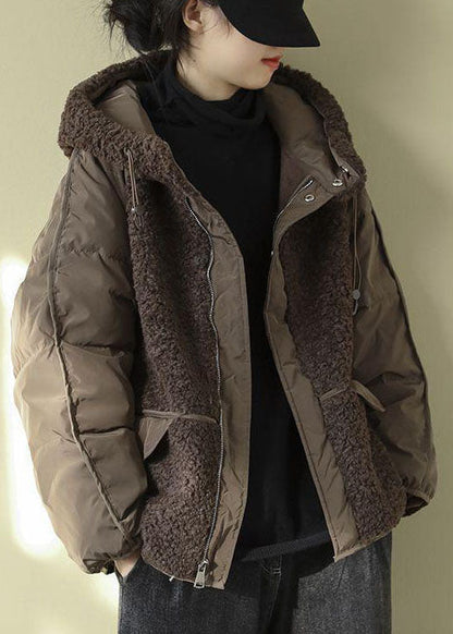 Italian Chocolate Hooded Patchwork Faux Fur Winter Outwear