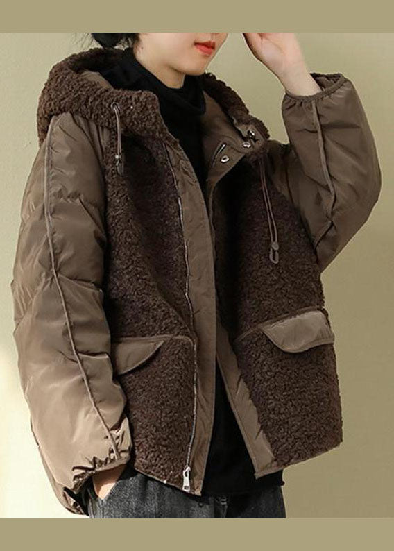 Italian Chocolate Hooded Patchwork Faux Fur Winter Outwear