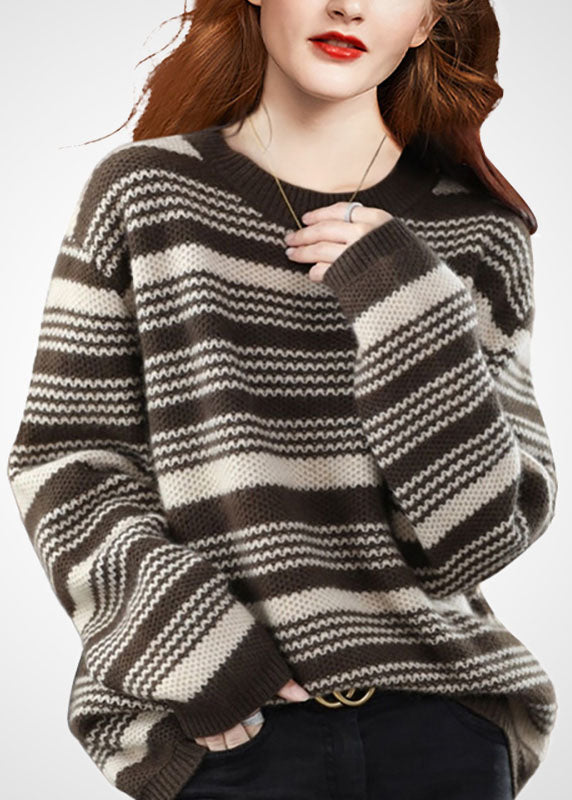 Italian Chocolate O-neck Chunky Oversized Striped Wool Knitted Sweaters Winter