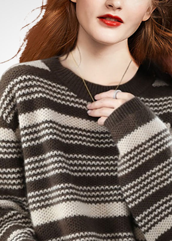 Italian Chocolate O-neck Chunky Oversized Striped Wool Knitted Sweaters Winter