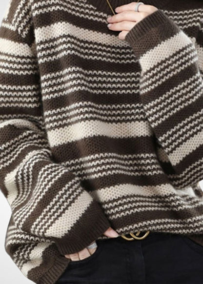Italian Chocolate O-neck Chunky Oversized Striped Wool Knitted Sweaters Winter