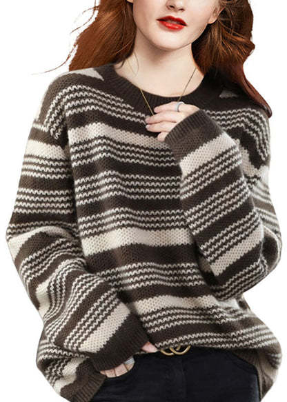 Italian Chocolate O-neck Chunky Oversized Striped Wool Knitted Sweaters Winter