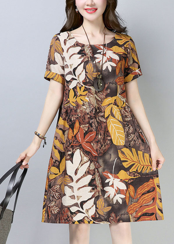 Italian Chocolate O-neck Leaf Print Cotton Party Dress Short Sleeve