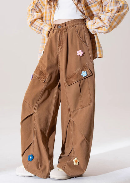 Italian Coffee Pockets Denim Straight Pants Spring