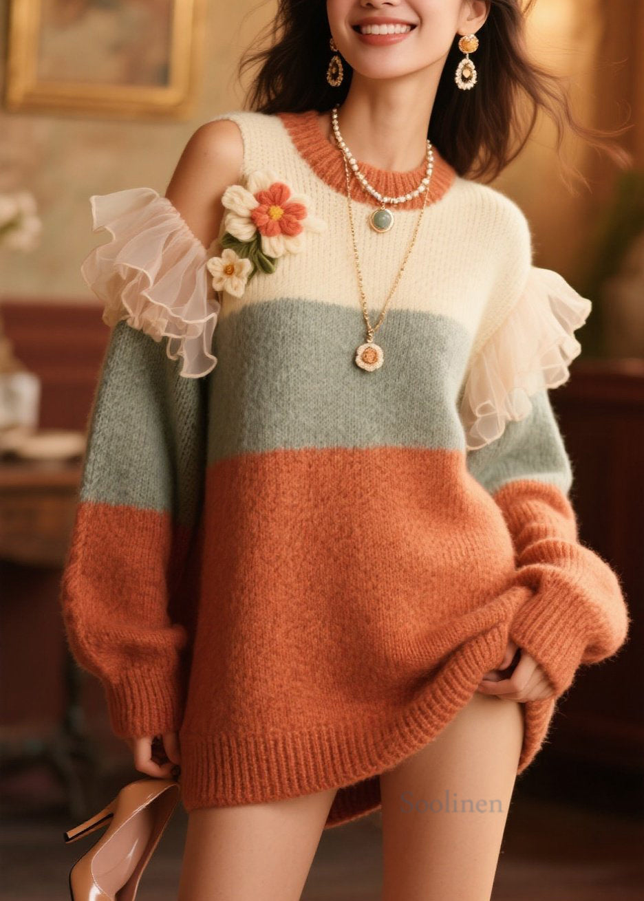 Italian Cold Shoulder Ruffled Knit Sweater Fall