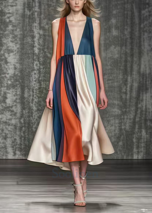 Italian Colorblock Deep-v Neck Exra Large Hem Silk Holiday Dress Summer