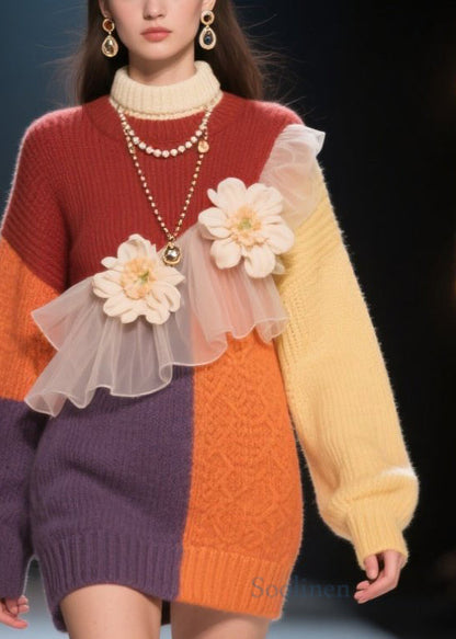 Italian Colorblock Hign Neck Tulle Knit Dress Winter