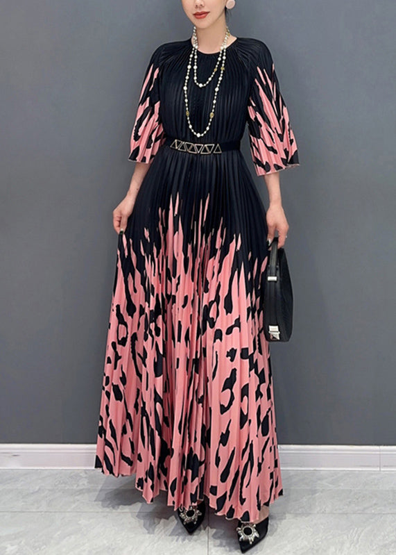 Italian Colorblock O-neck Cinched Print Long Dresses Bracelet Sleeve