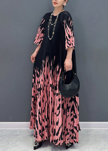 Italian Colorblock O-neck Cinched Print Long Dresses Bracelet Sleeve