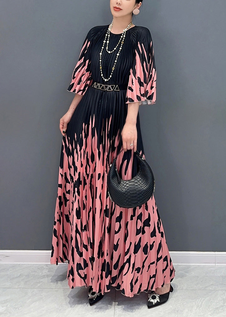 Italian Colorblock O-neck Cinched Print Long Dresses Bracelet Sleeve