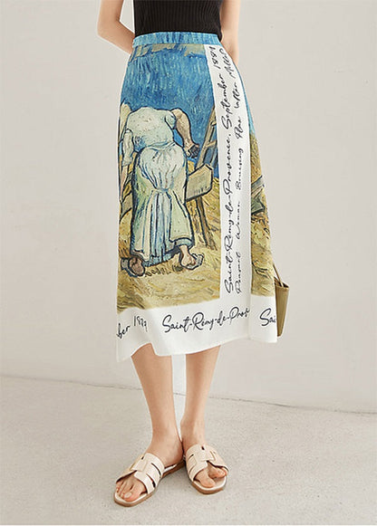 Italian Colorblock Print Silk a Line Skirts Summer