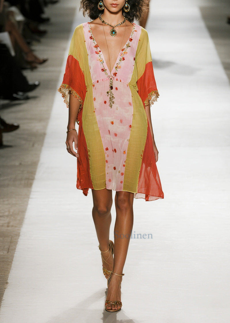 Italian Colorblock V Neck Print Cotton Mini Dresses Half Sleeve
