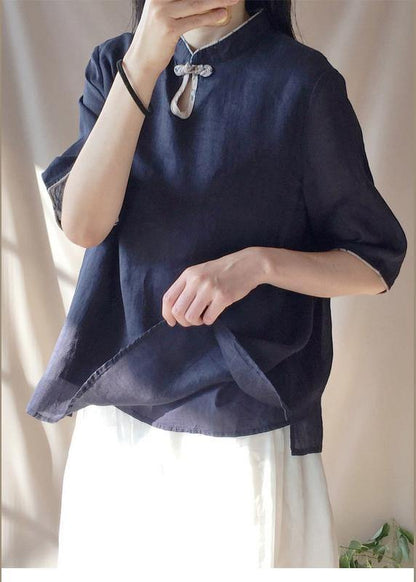 Italian Dark Blue Clothes for Stand Collar Half Sleeve Cotton Top