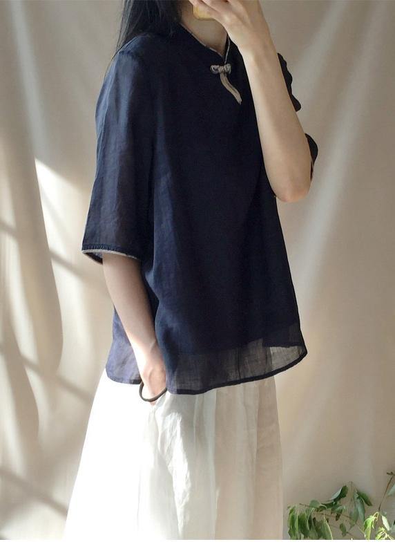 Italian Dark Blue Clothes for Stand Collar Half Sleeve Cotton Top
