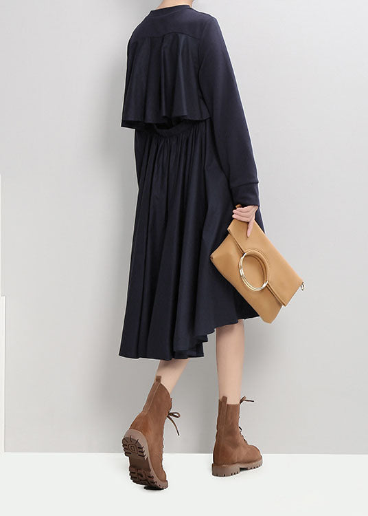 Italian Dark Blue O-neck Low High Design Cinched Vacation Dresses Spring