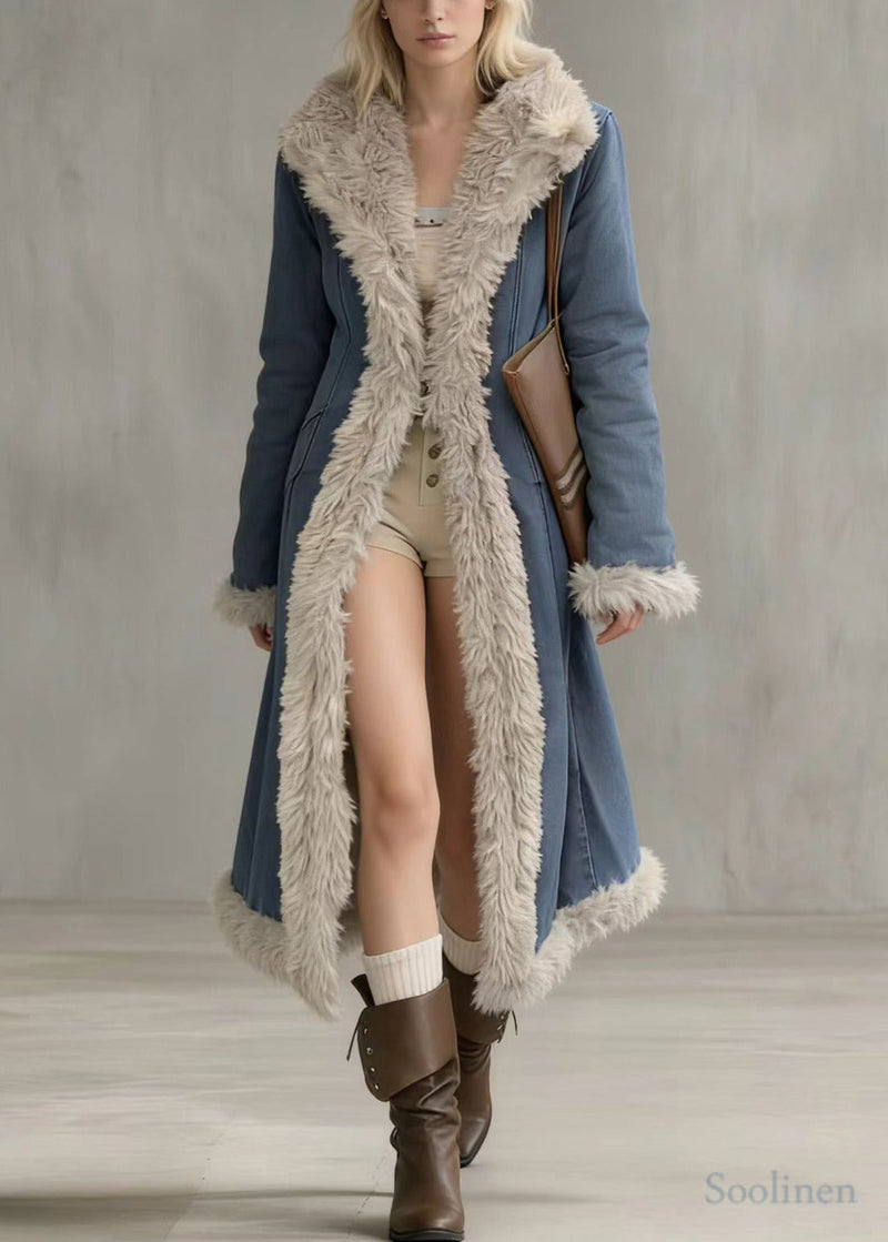 Italian Denim Blue Peter Pan Collar Patchwork Faux Fur Cotton Filled Trench Winter