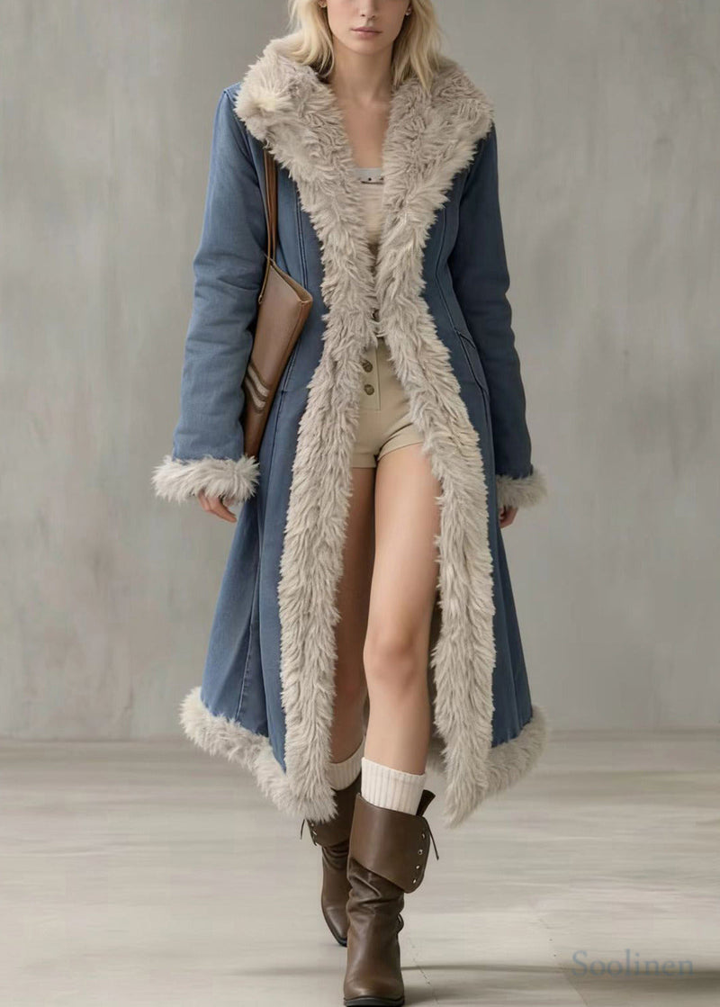 Italian Denim Blue Peter Pan Collar Patchwork Faux Fur Cotton Filled Trench Winter