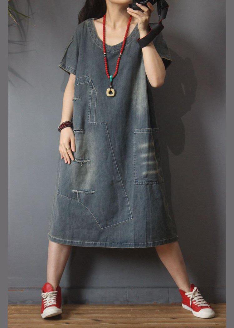 Italian Denim Hole Cotton Asymmetrical Design Summer Long Dress