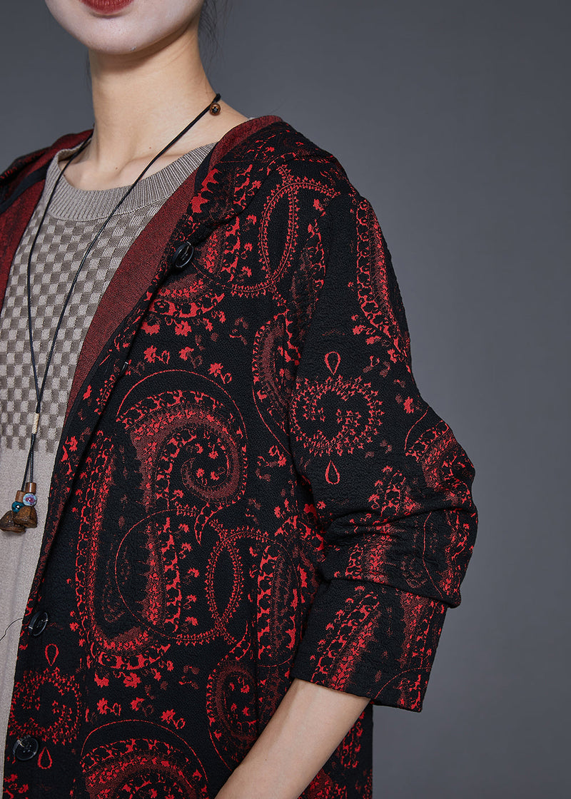 Italian Dull Red Oversized Print Cotton Long Cardigan Fall