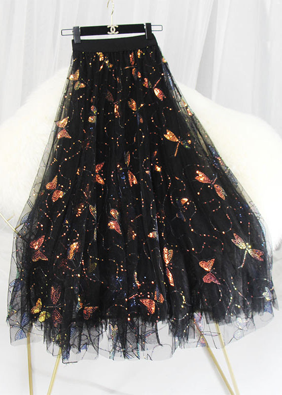 Italian Embroideried High Waist Sequins Tulle Maxi Skirts Spring