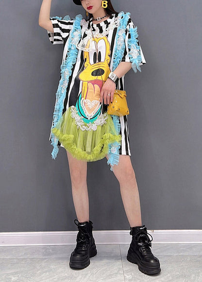 Italian Embroideried Ruffled Cartoon Striped Tulle Patchwork Tops Short Sleeve