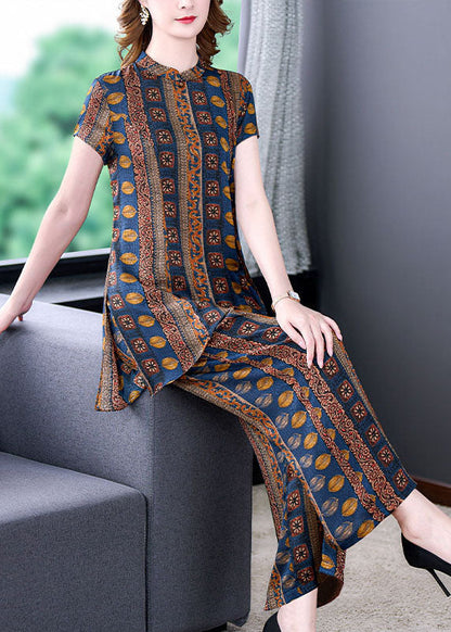 Italian Stand Collar Tops and Pants Patchwork Silk Two Pieces Set Summer