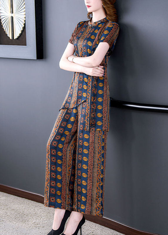 Italian Stand Collar Tops and Pants Patchwork Silk Two Pieces Set Summer