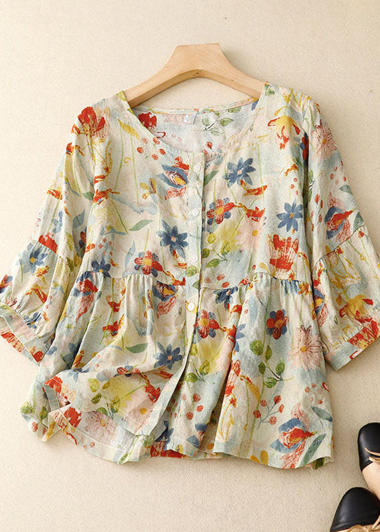 Italian Wrinkled Button Patchwork Linen T Shirts Summer