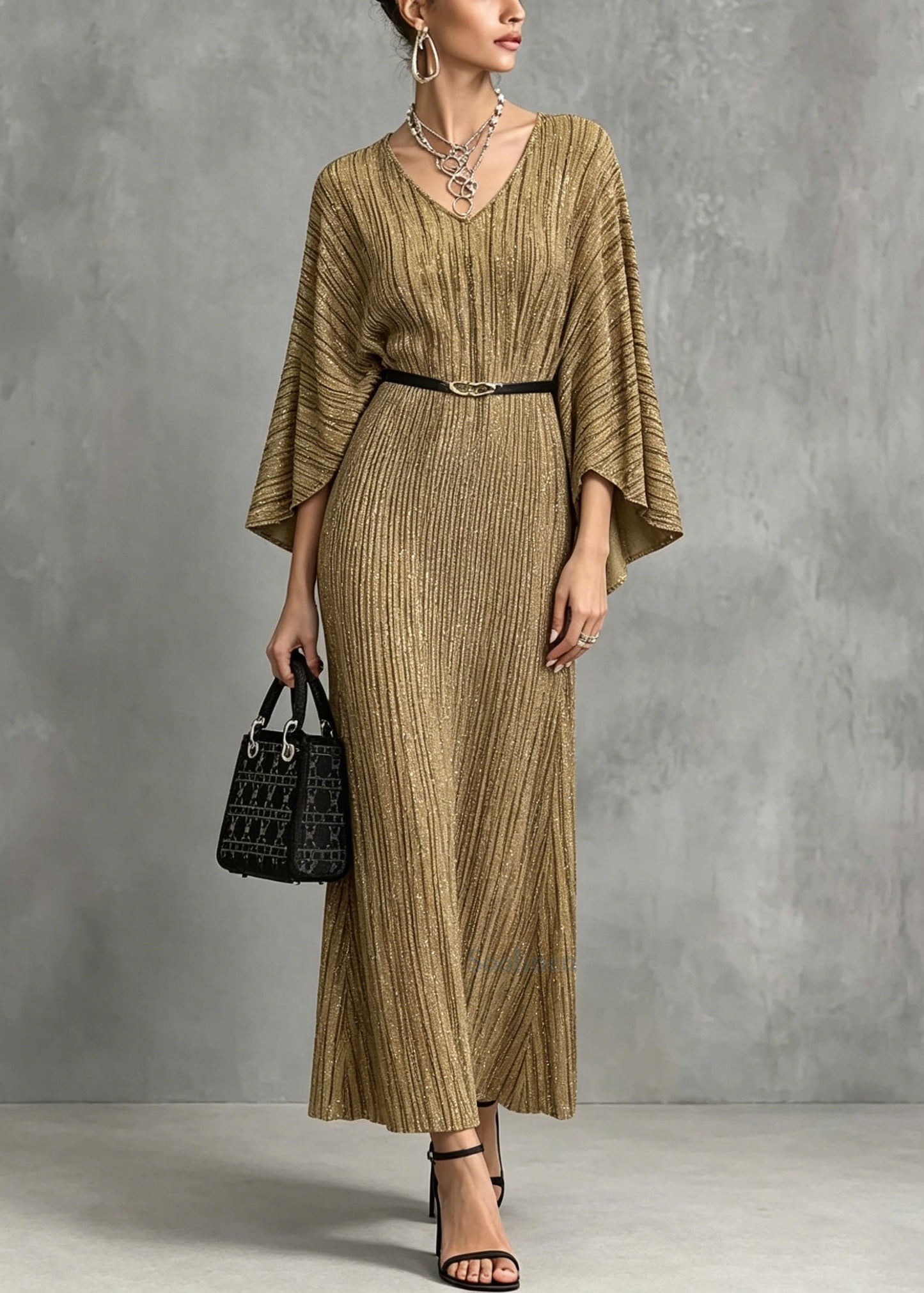Italian Gold V Neck Long Dresses Batwing Sleeve