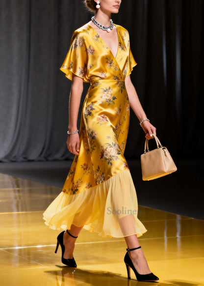 Italian Golden Print Patchwork Tulle Silk Robe Dress Summer