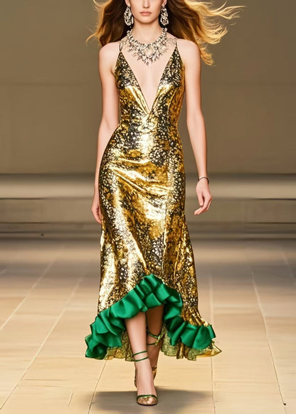 Italian Golden Ruffled Patchwork Silk Wraped Dress Summer