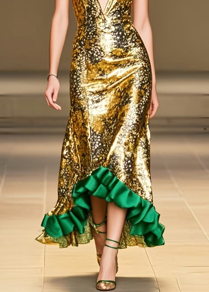 Italian Golden Ruffled Patchwork Silk Wraped Dress Summer