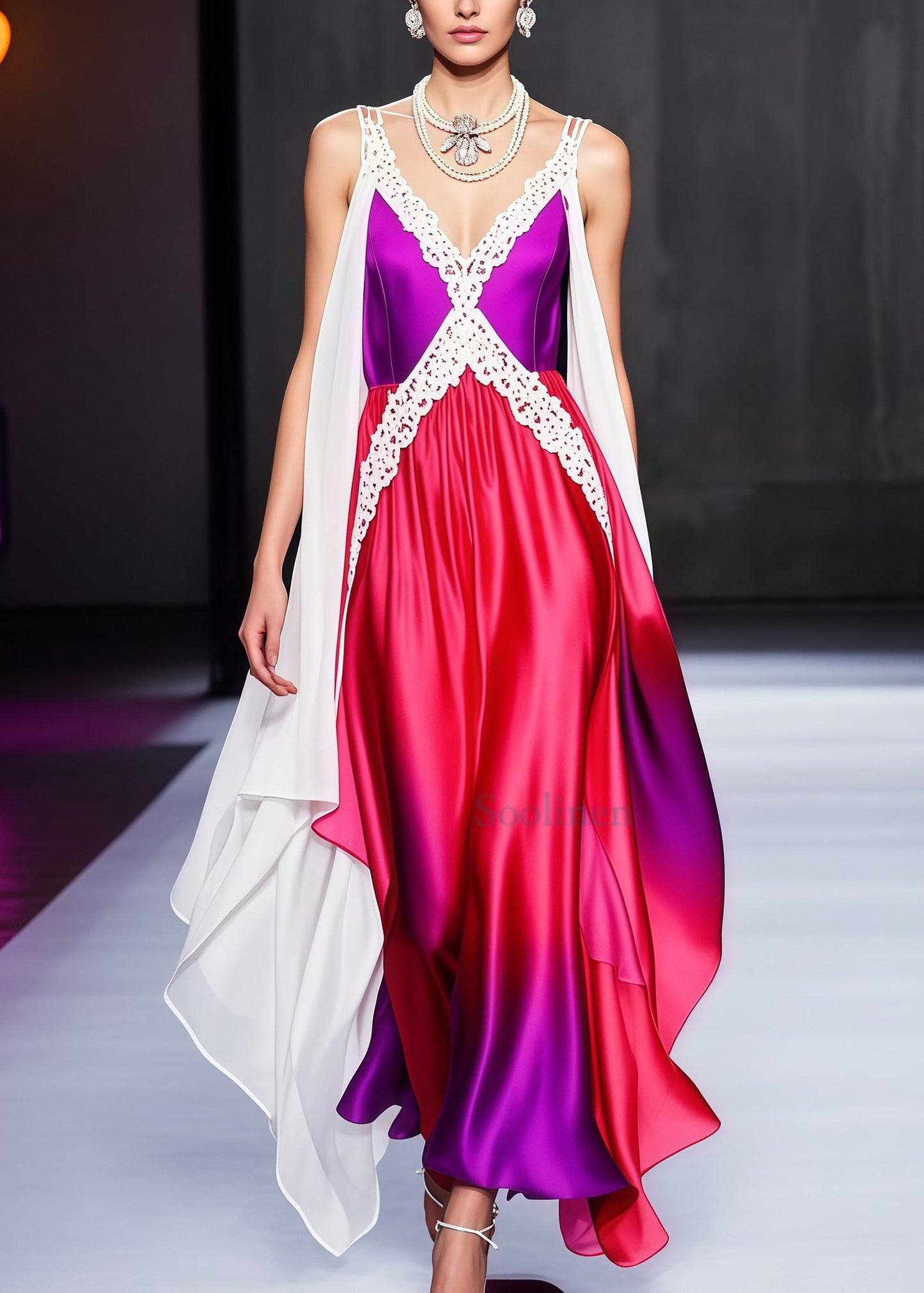 Italian Gradient Color Lace Patchwork Draping Silk Evening Dresses Summer