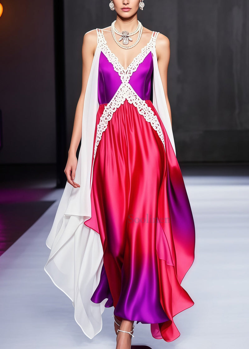 Italian Gradient Color Lace Patchwork Draping Silk Evening Dresses Summer