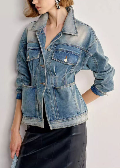 Italian Gradient Color Peter Pan Collar With Pockets Denim Coats Spring