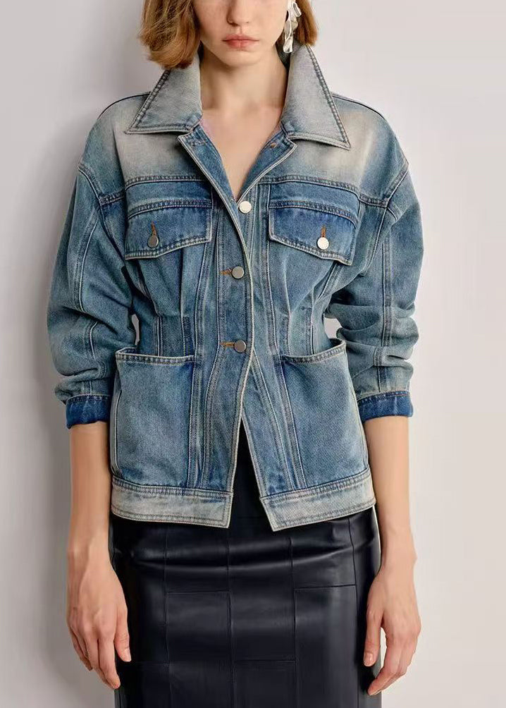 Italian Gradient Color Peter Pan Collar With Pockets Denim Coats Spring